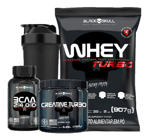 Kit Whey Protein Turbo + Bcaa + Creatina - Black Skull - Loja da Creatina